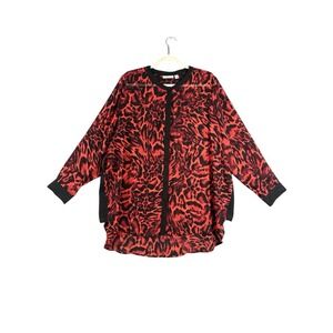 SUSAN GRAVER Top Women 24W‎ Red Black  Button Up Long Sleeve Animal Print Blouse